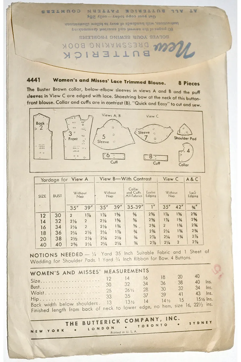 1940s Butterick 4441 Sewing Pattern for Lace Trimmed Blouses