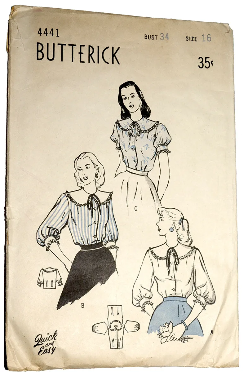 1940s Butterick 4441 Sewing Pattern for Lace Trimmed Blouses