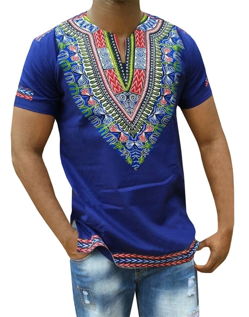 African Dashiki Print V Neck T Shirt Men Summer New Short Sleeve African Clothes Streetwear Casual Tee Shirt Homme Camiseta