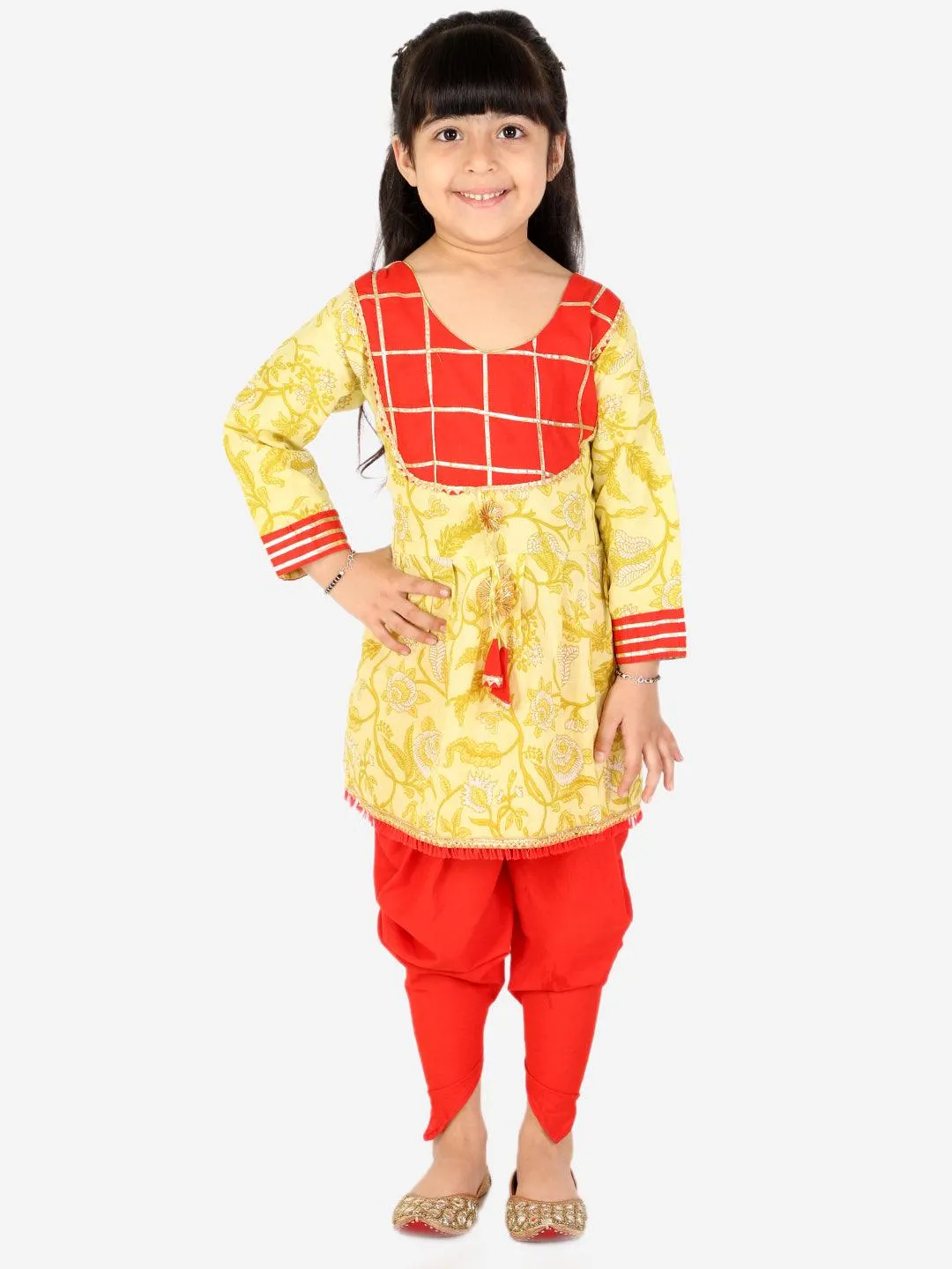 Ahhaaaa Kids Ethnic Cotton Jaipuri Print Frock Style Kurti with Frill Sleeves and Dhoti Style Salwar for Baby Girls