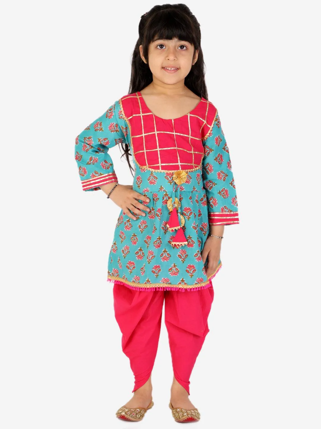 Ahhaaaa Kids Ethnic Cotton Jaipuri Print Frock Style Kurti with Frill Sleeves and Dhoti Style Salwar for Baby Girls