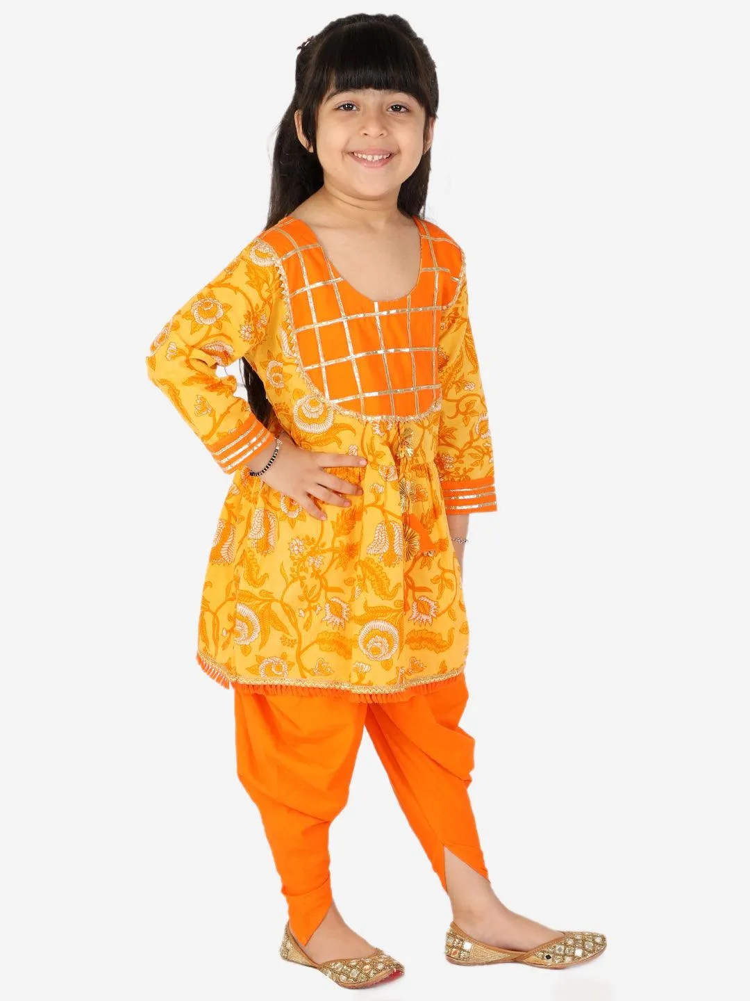 Ahhaaaa Kids Ethnic Cotton Jaipuri Print Frock Style Kurti with Frill Sleeves and Dhoti Style Salwar for Baby Girls