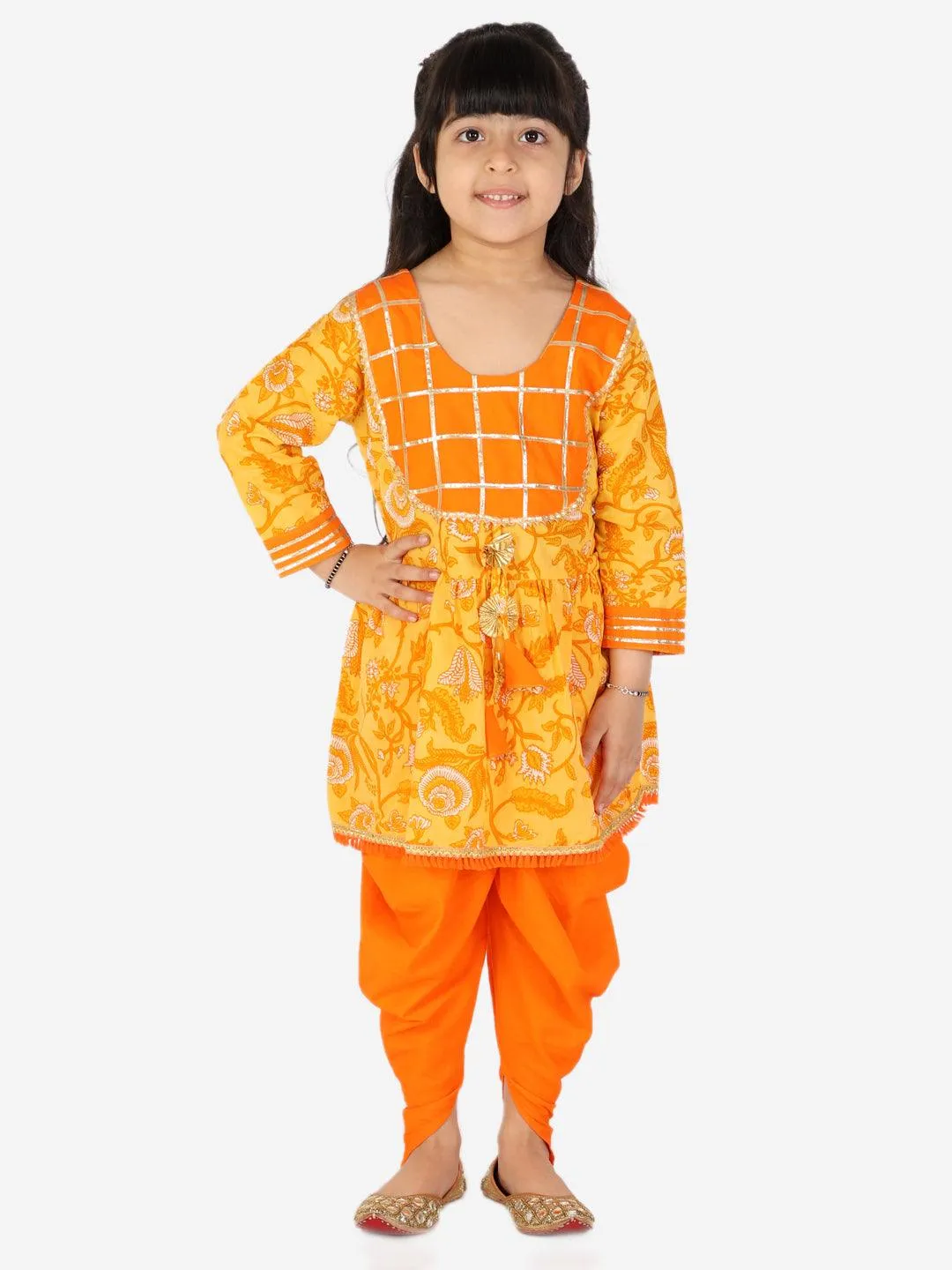 Ahhaaaa Kids Ethnic Cotton Jaipuri Print Frock Style Kurti with Frill Sleeves and Dhoti Style Salwar for Baby Girls