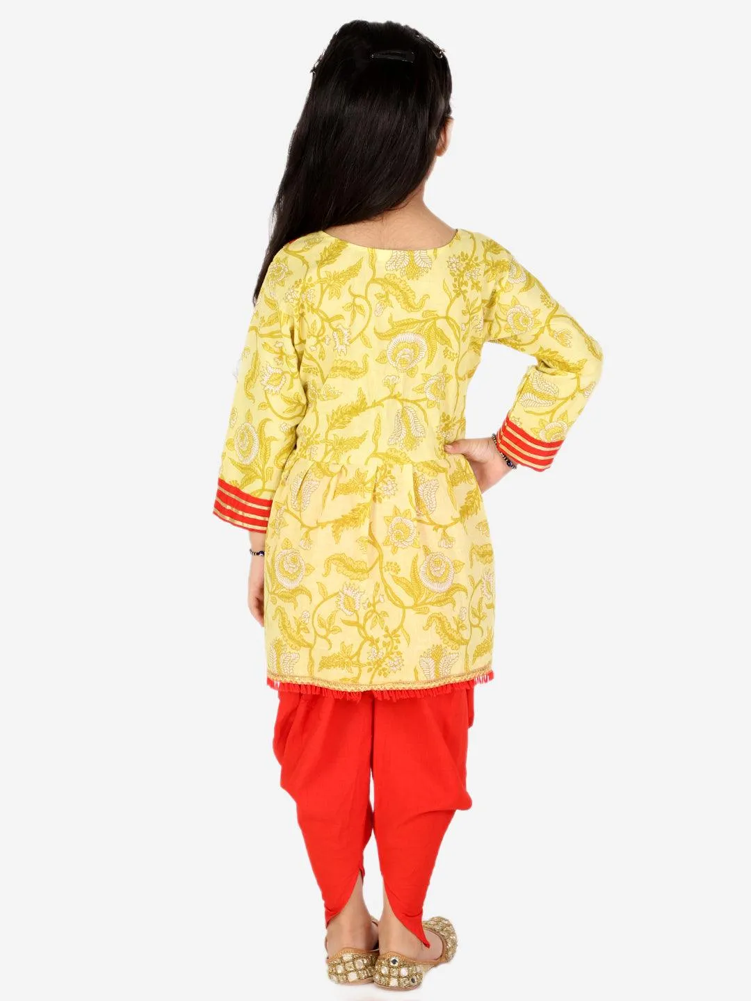 Ahhaaaa Kids Ethnic Cotton Jaipuri Print Frock Style Kurti with Frill Sleeves and Dhoti Style Salwar for Baby Girls