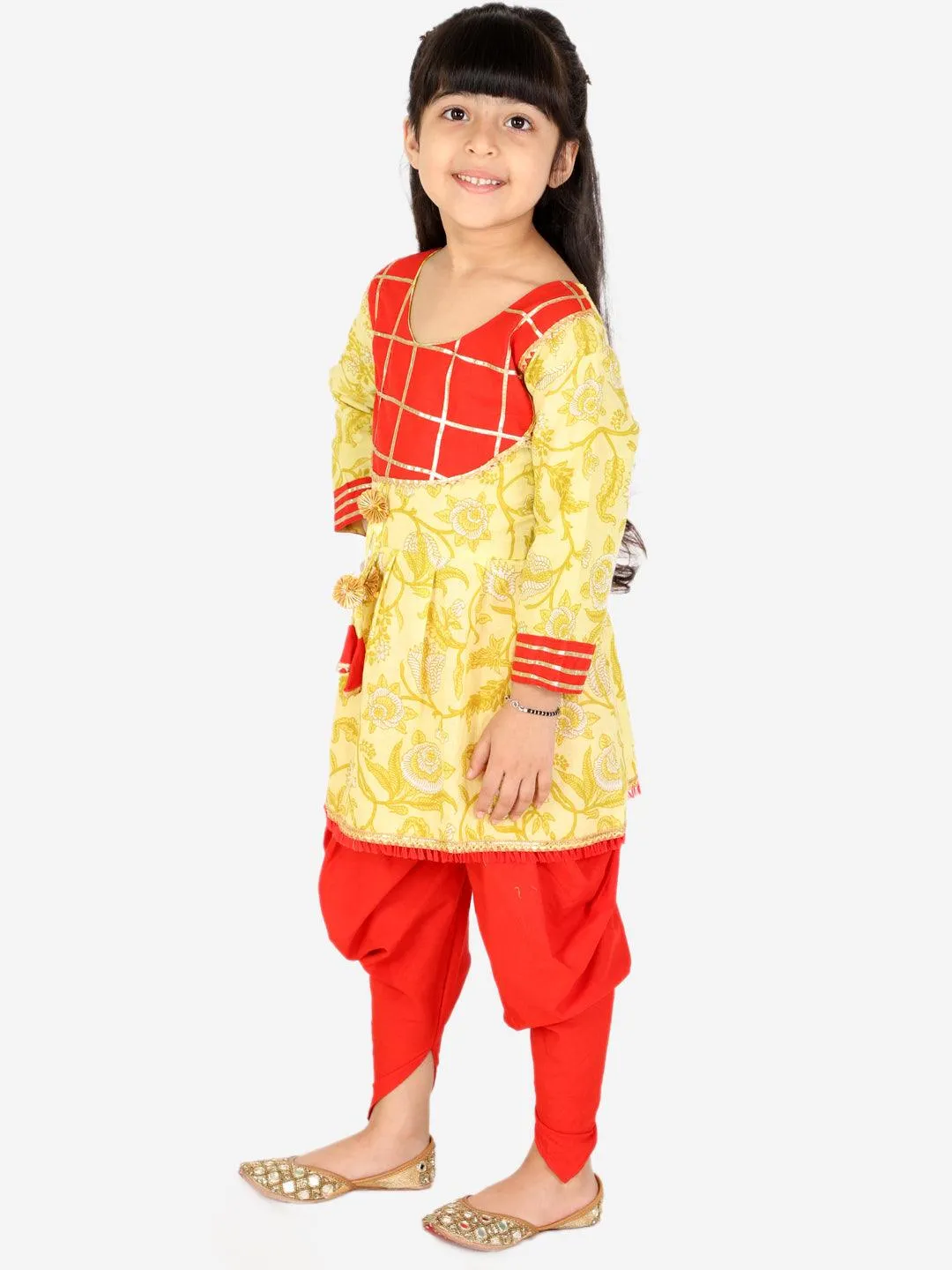 Ahhaaaa Kids Ethnic Cotton Jaipuri Print Frock Style Kurti with Frill Sleeves and Dhoti Style Salwar for Baby Girls