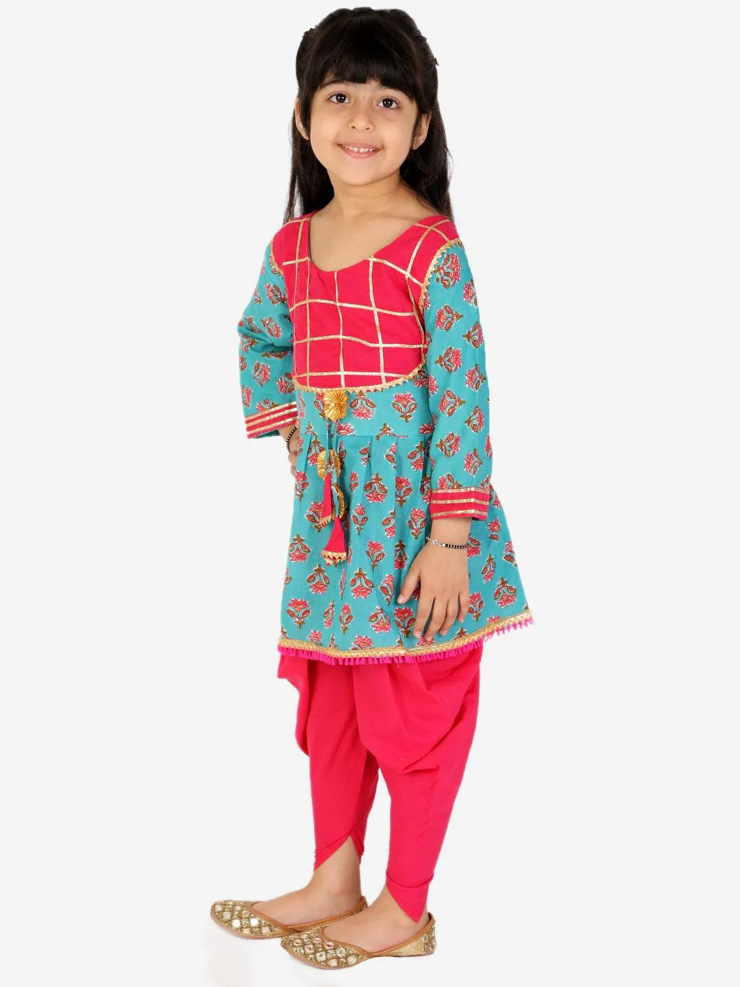 Ahhaaaa Kids Ethnic Cotton Jaipuri Print Frock Style Kurti with Frill Sleeves and Dhoti Style Salwar for Baby Girls