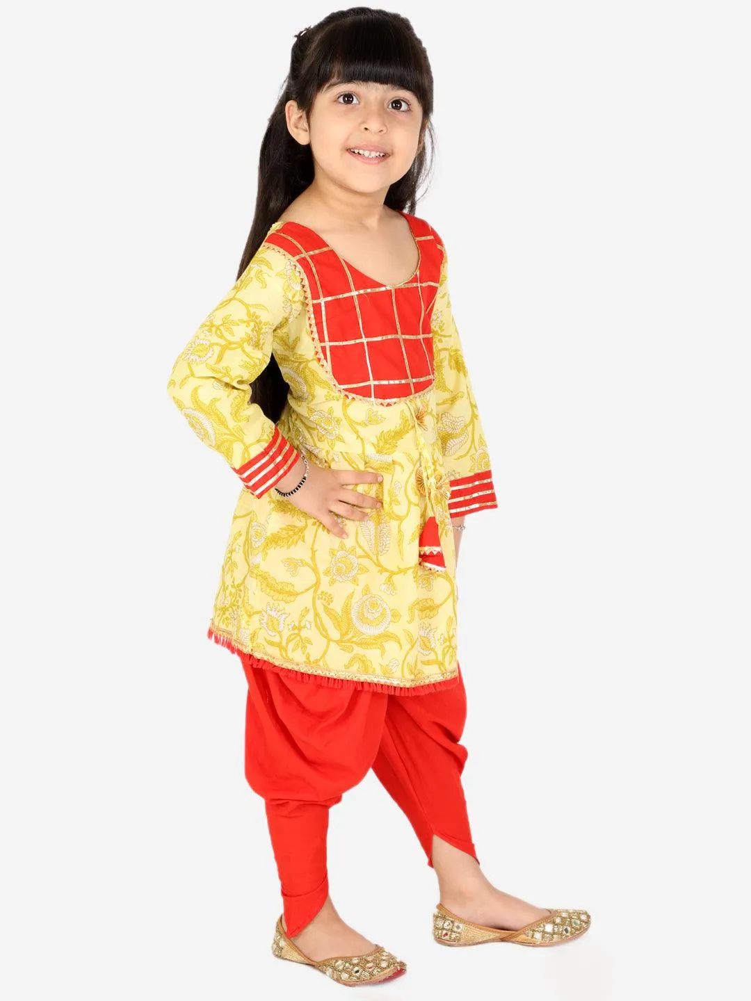 Ahhaaaa Kids Ethnic Cotton Jaipuri Print Frock Style Kurti with Frill Sleeves and Dhoti Style Salwar for Baby Girls