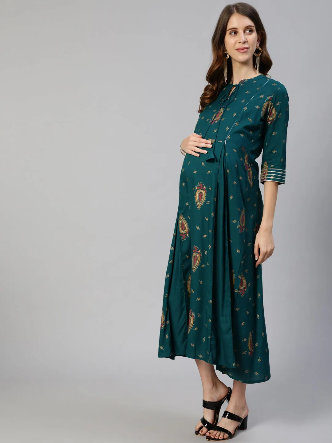 Anubhutee Green Ethnic Motifs Tie-Up Neck Maternity A-Line Midi Dress