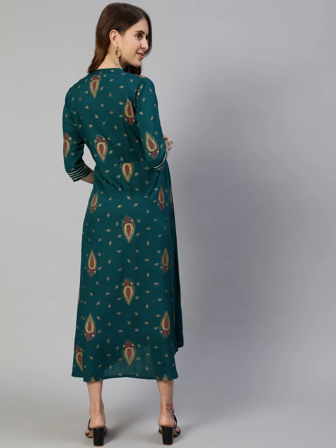 Anubhutee Green Ethnic Motifs Tie-Up Neck Maternity A-Line Midi Dress