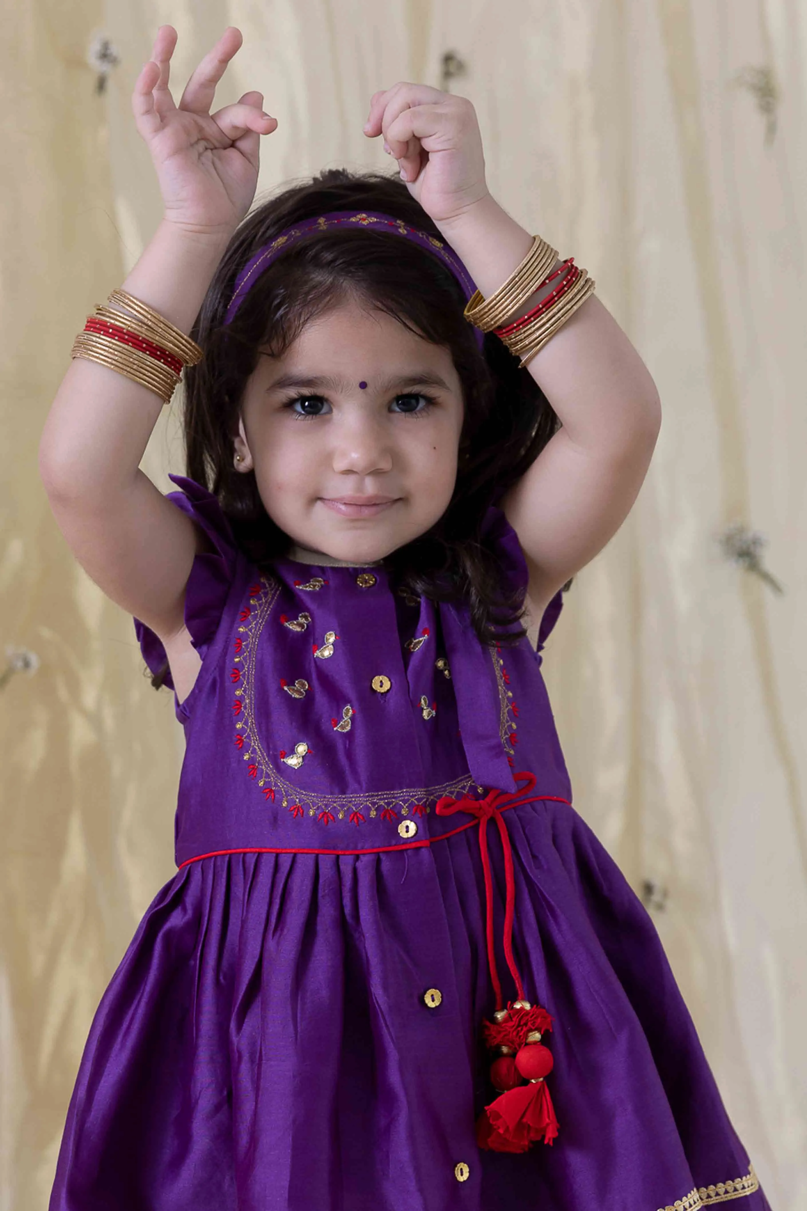 Baby Girl Chanderi Silk Ruffle Sleeves Angrakha Set - Purple