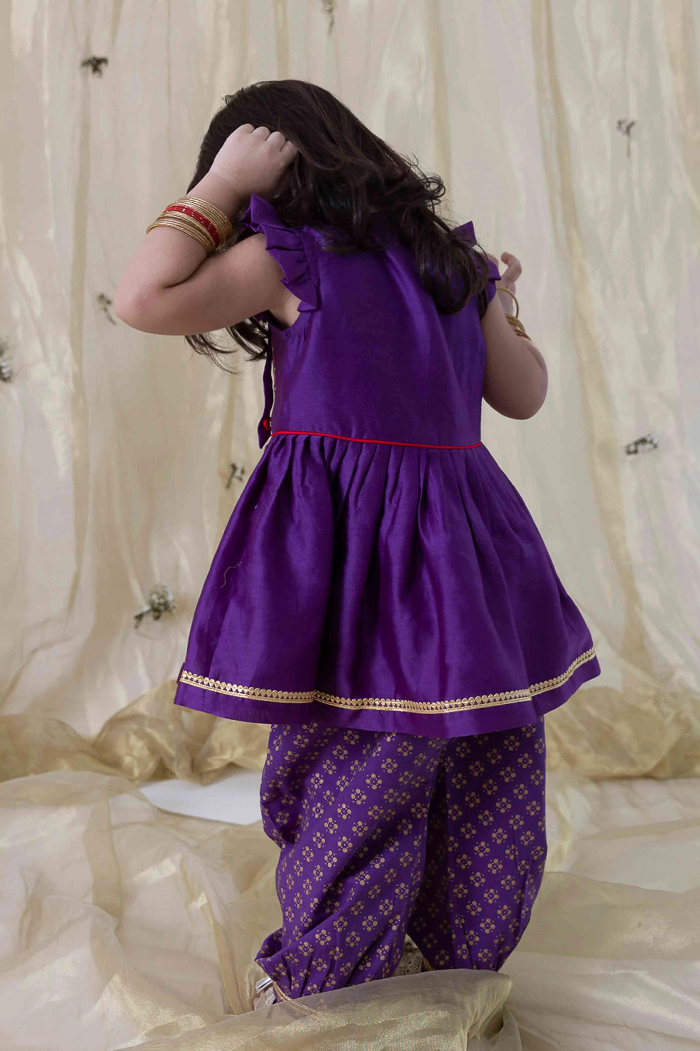 Baby Girl Chanderi Silk Ruffle Sleeves Angrakha Set - Purple