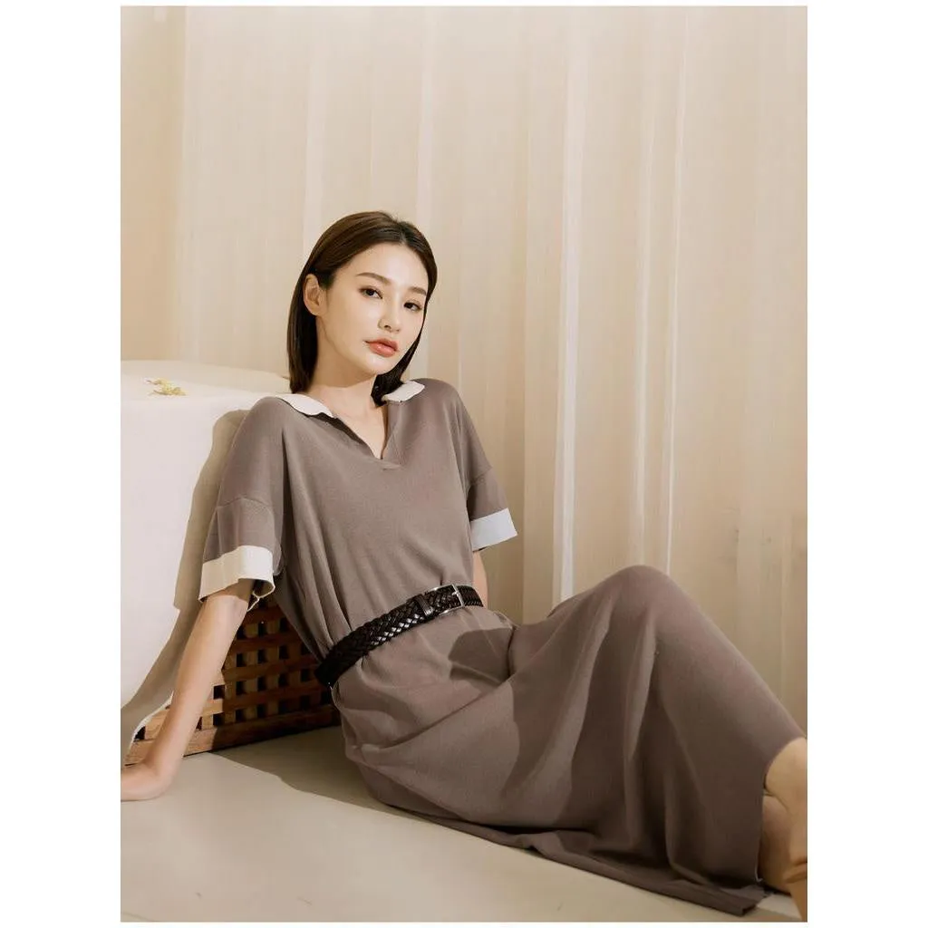 Basic Knit Colorblock Collar Long Maxi Dress