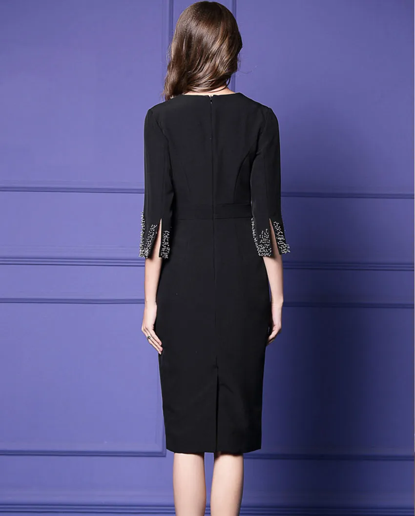 Beaded Sleeve Ends V-neck Sheath Dress