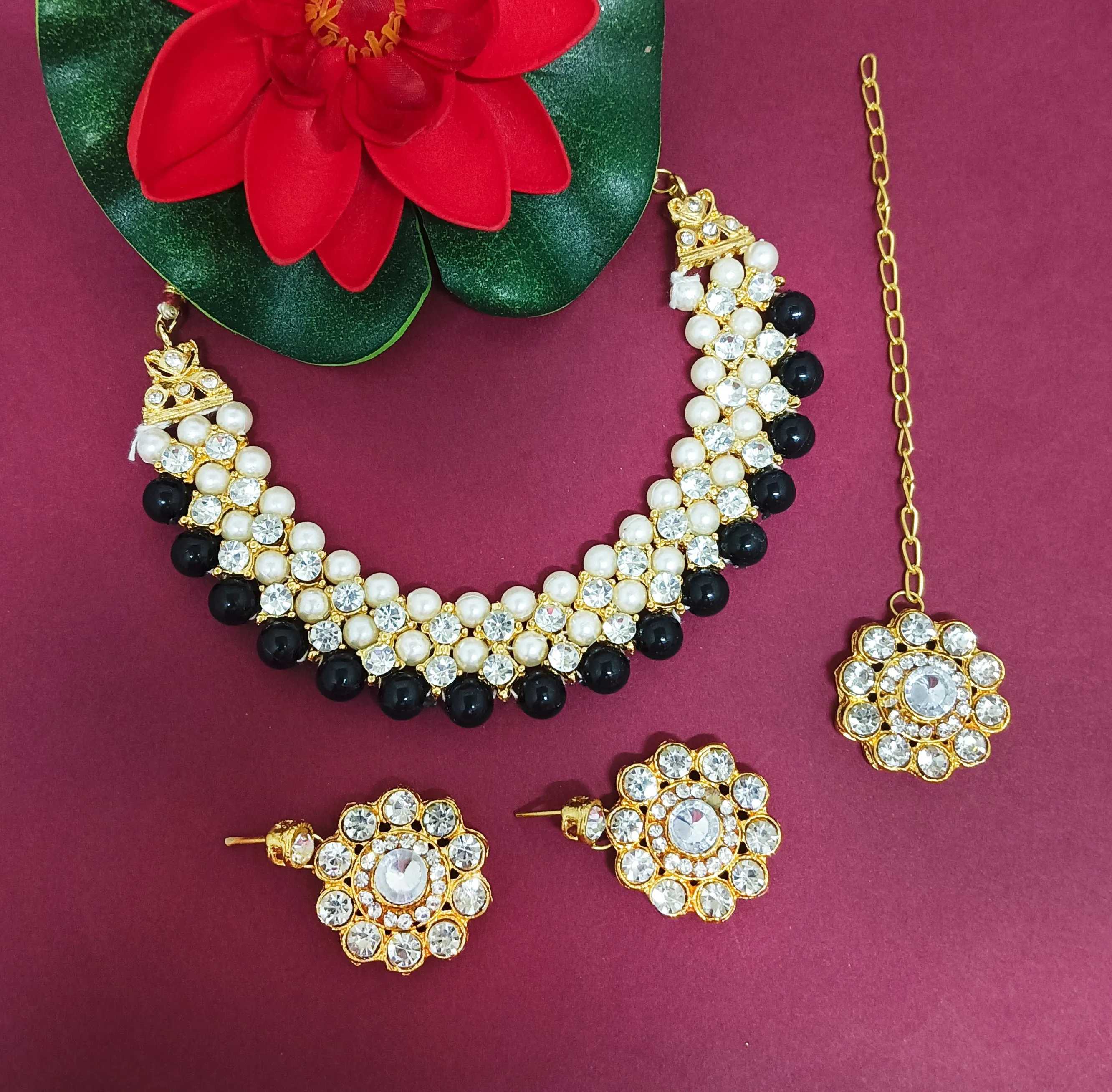 Bhavi Jewels Crystal Stone Gold Plated  Necklace Set