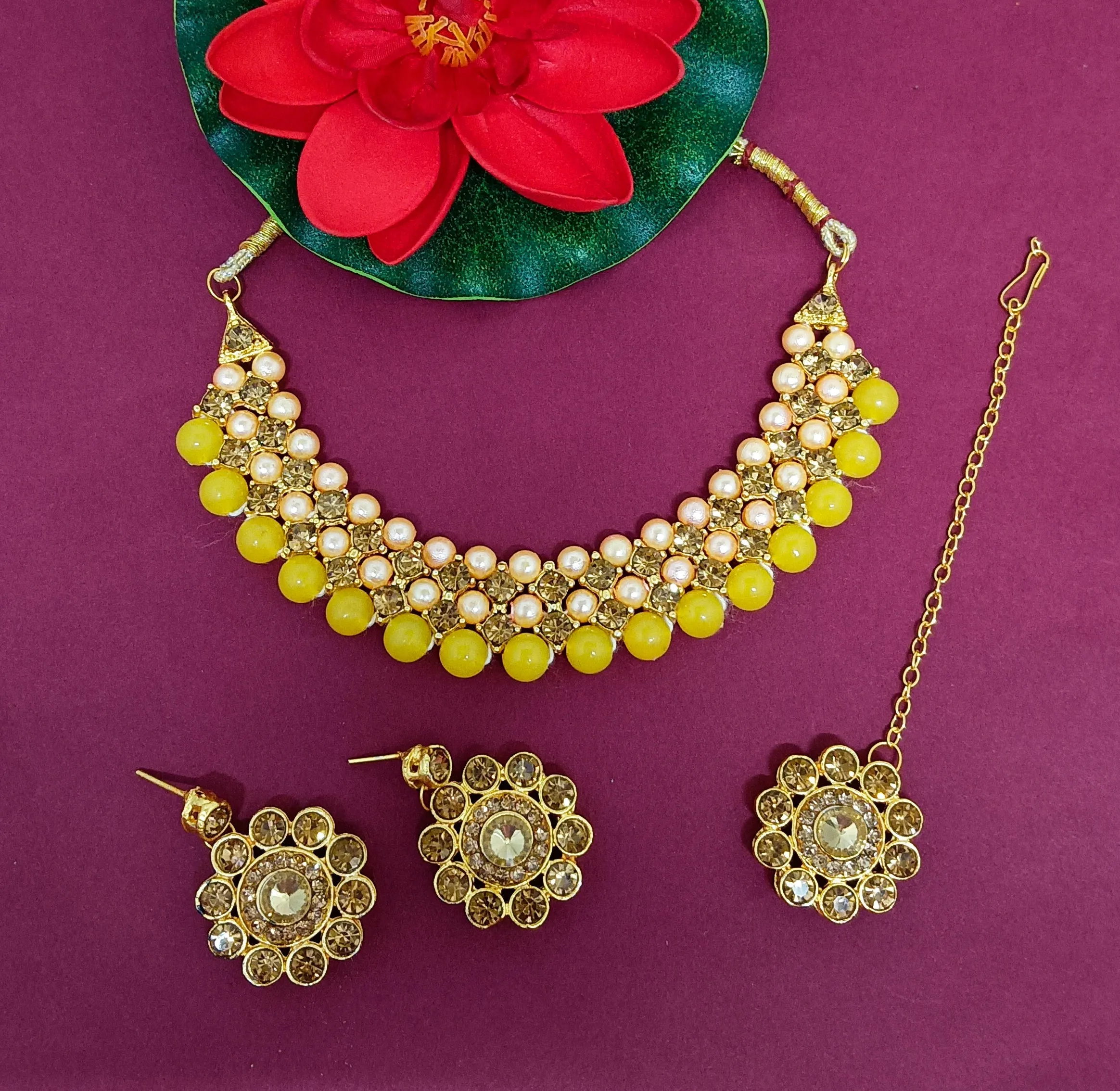 Bhavi Jewels Crystal Stone Gold Plated  Necklace Set