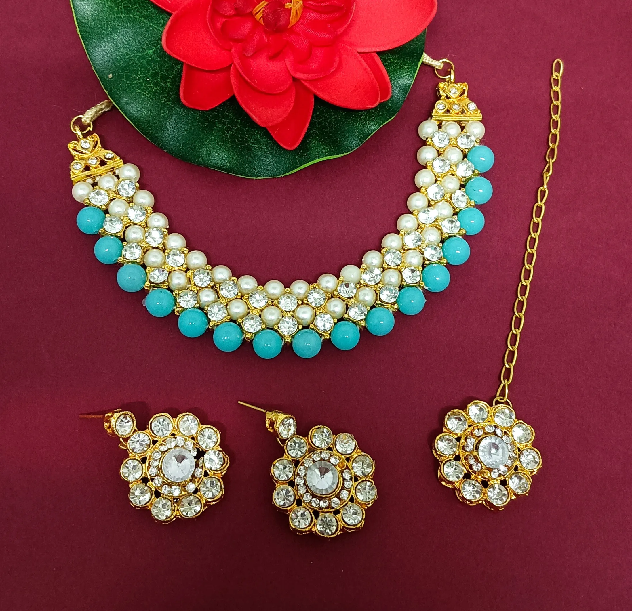 Bhavi Jewels Crystal Stone Gold Plated  Necklace Set