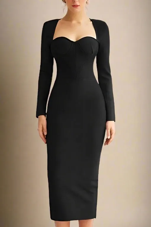 Blanche Long Sleeve Bandage Midi Dress - Classic Black