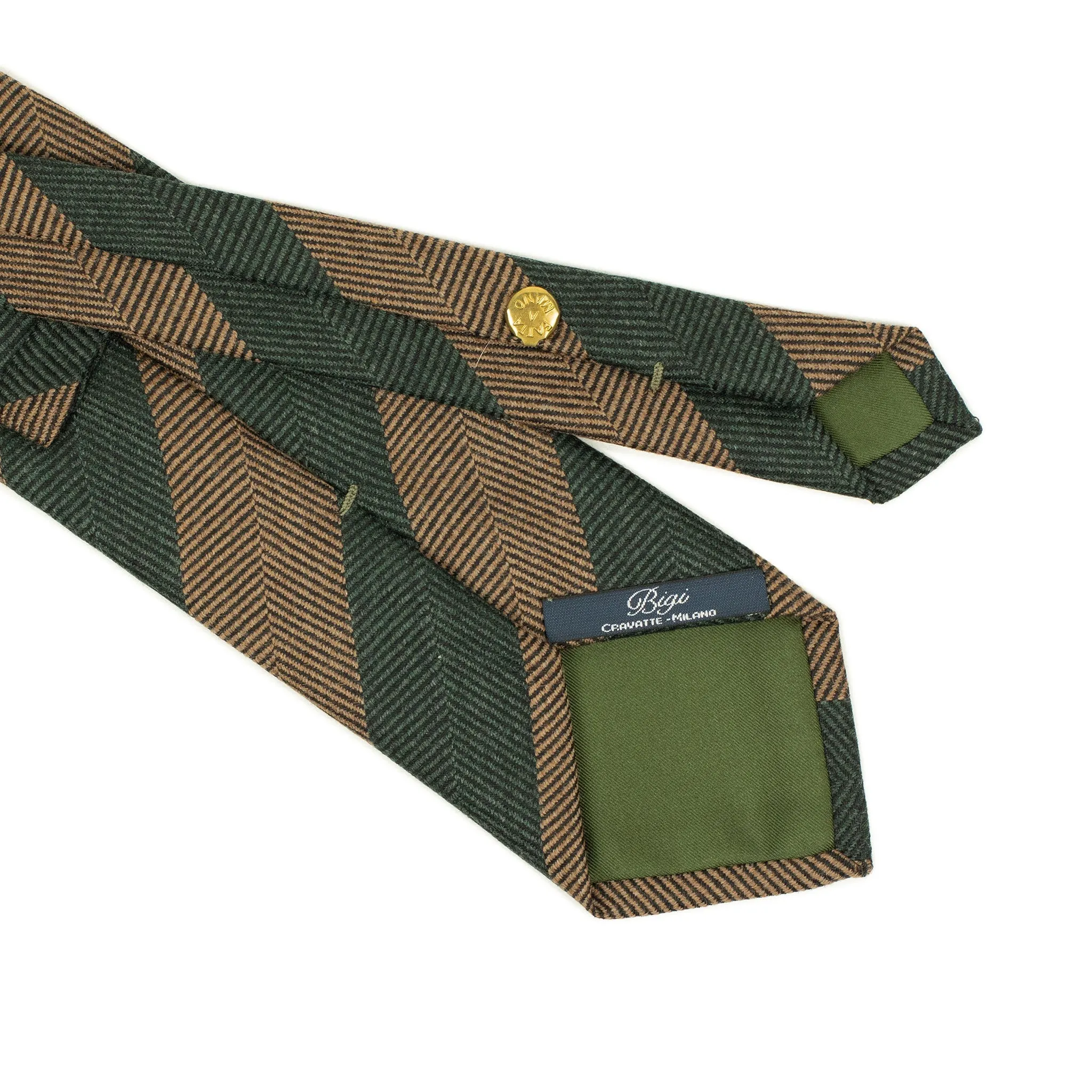 Block stripe tie, green and bronze herringbone wool