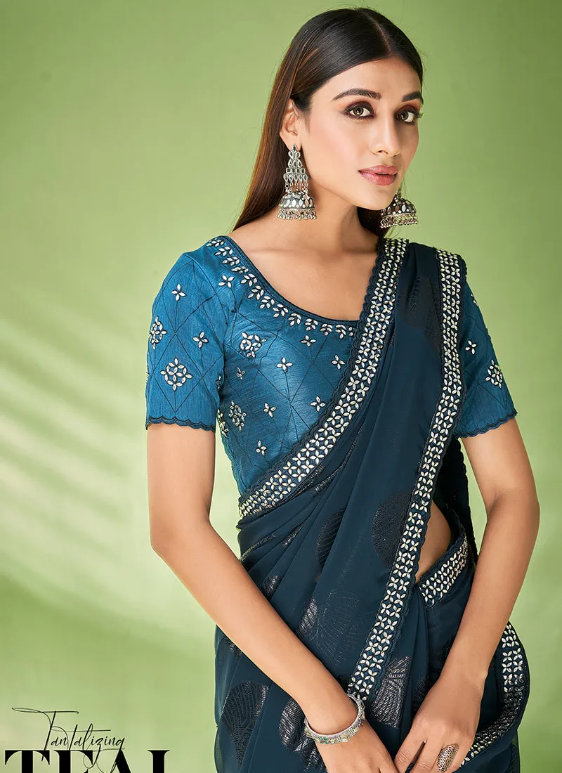 Blue Designer Georgette Embroidered Festive Saree