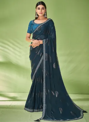 Blue Designer Georgette Embroidered Festive Saree