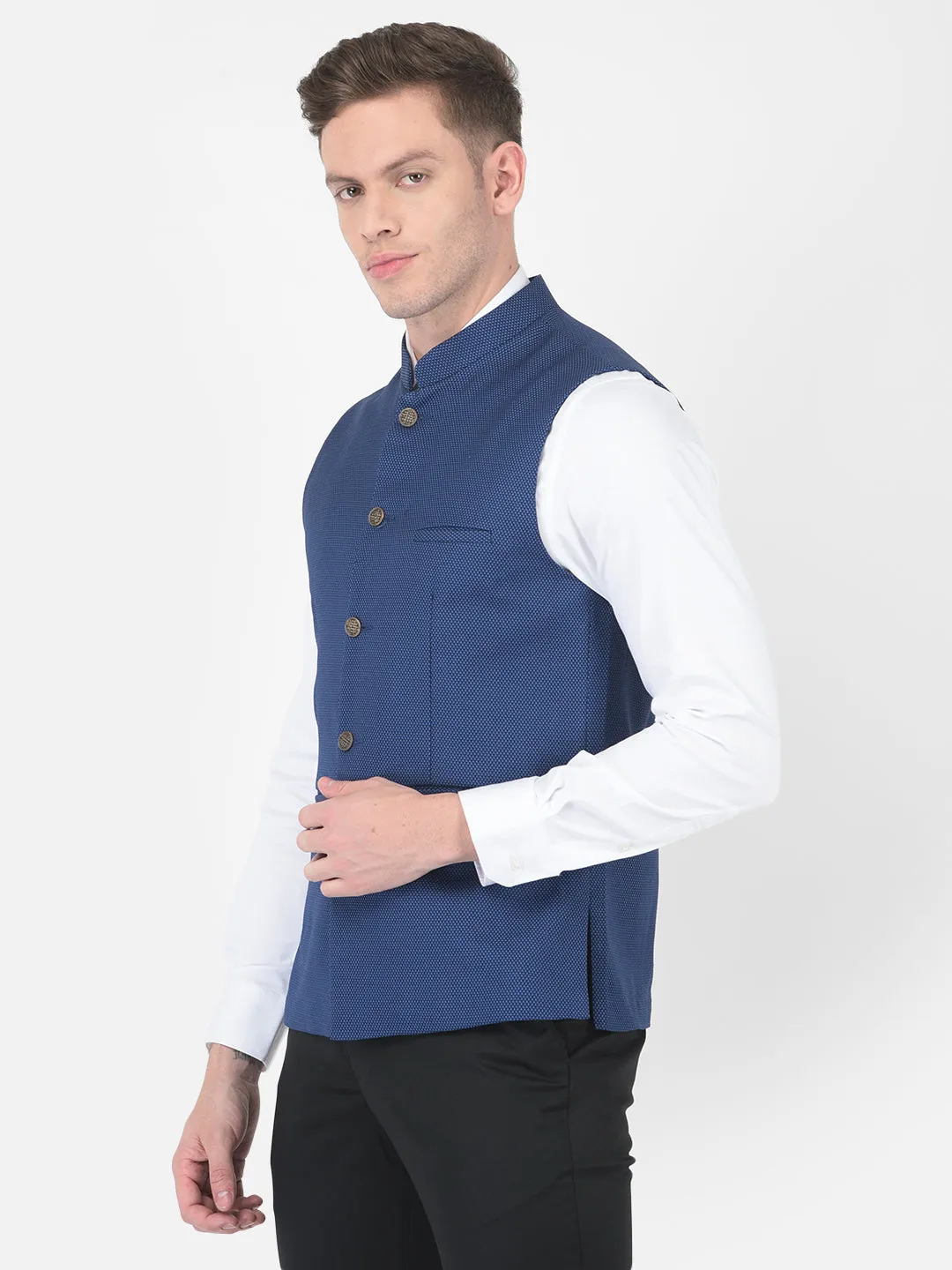 Blue Self Design Nehru Jacket