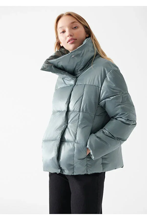 Blue Women's Stand Collar Shiny Puffer Blue Coats