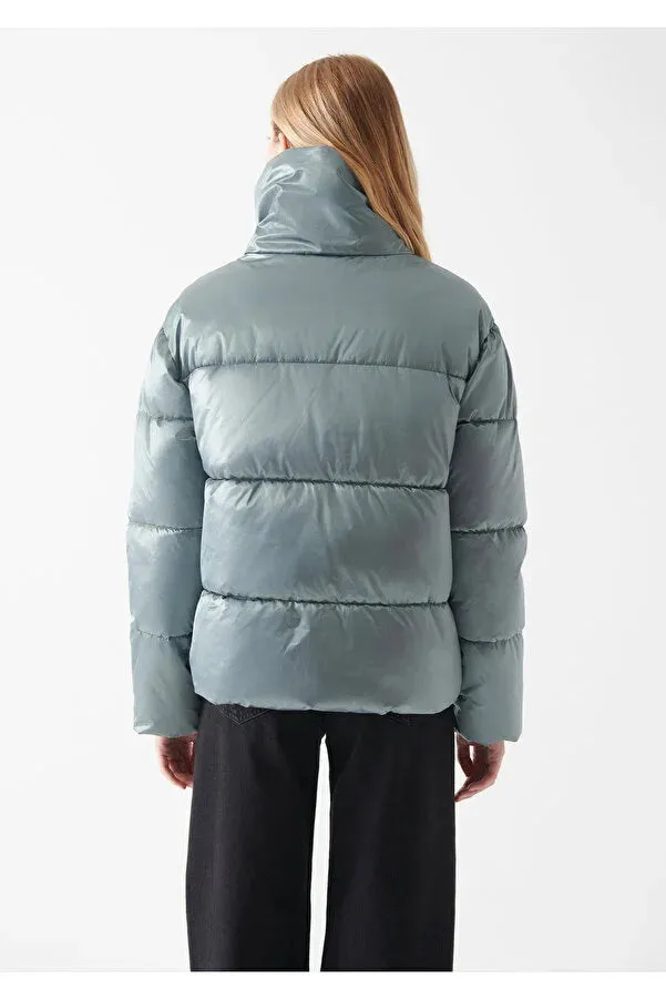 Blue Women's Stand Collar Shiny Puffer Blue Coats