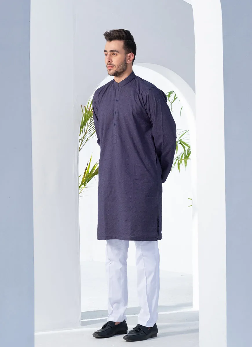 Bluish Grey Self Embroidered Schiffli Cotton Kurta