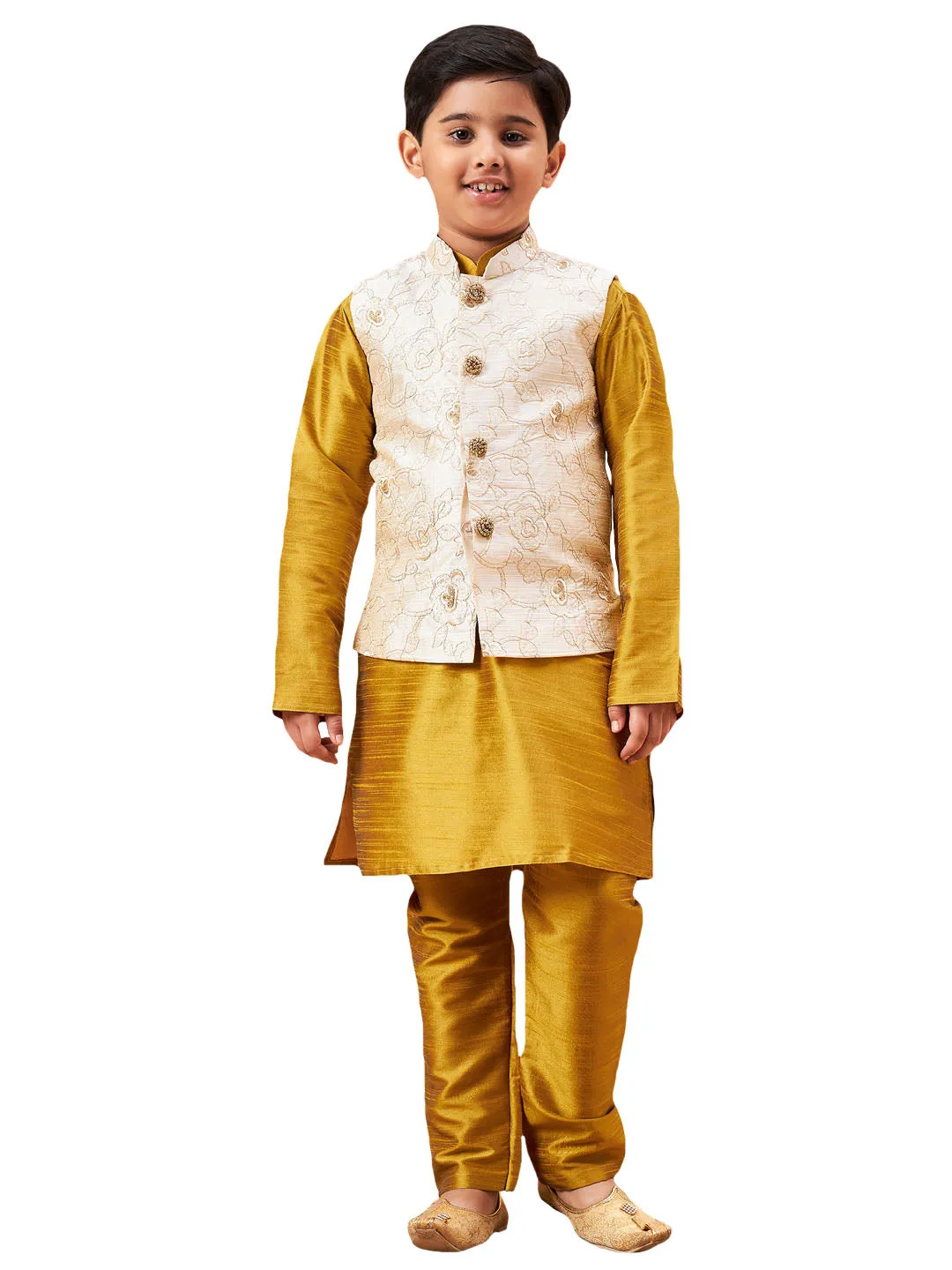 Boy's Beige And Mustard Jacket, Kurta And Pyjama Set - Vastramay Boys