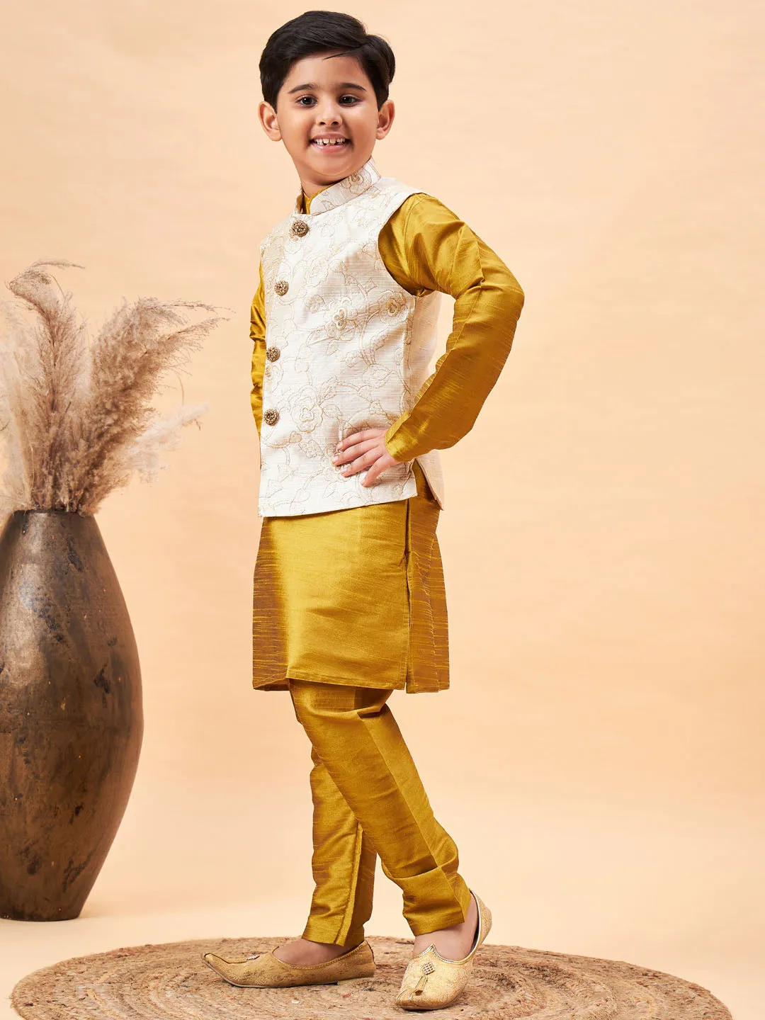 Boy's Beige And Mustard Jacket, Kurta And Pyjama Set - Vastramay Boys