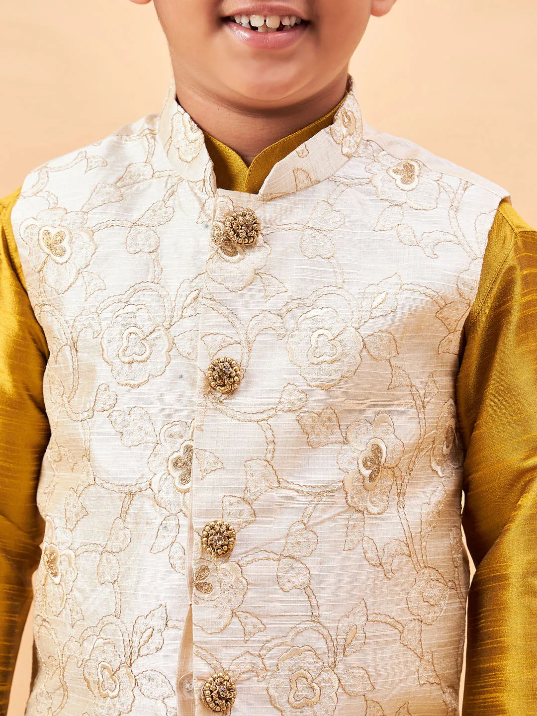 Boy's Beige And Mustard Jacket, Kurta And Pyjama Set - Vastramay Boys