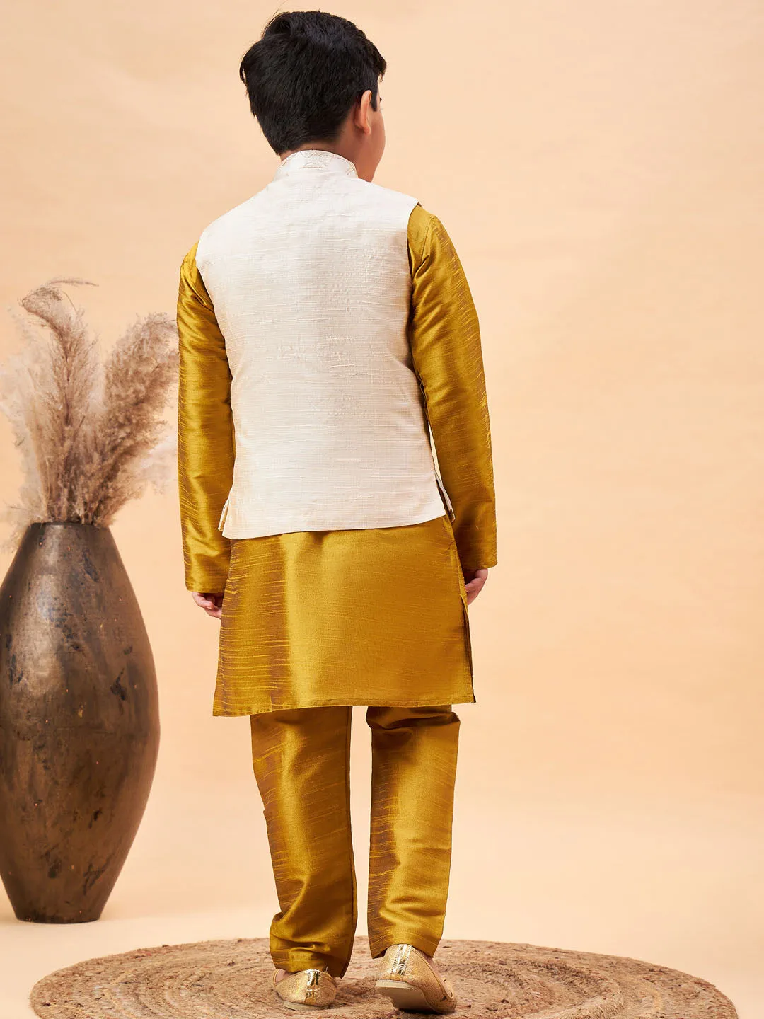 Boy's Beige And Mustard Jacket, Kurta And Pyjama Set - Vastramay Boys