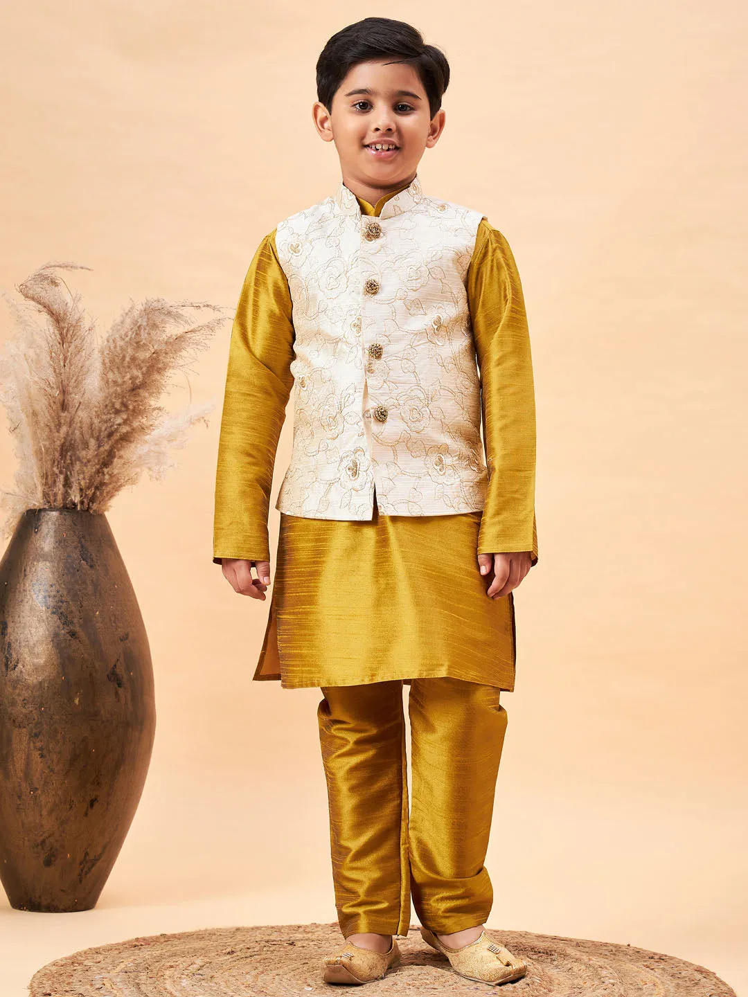 Boy's Beige And Mustard Jacket, Kurta And Pyjama Set - Vastramay Boys