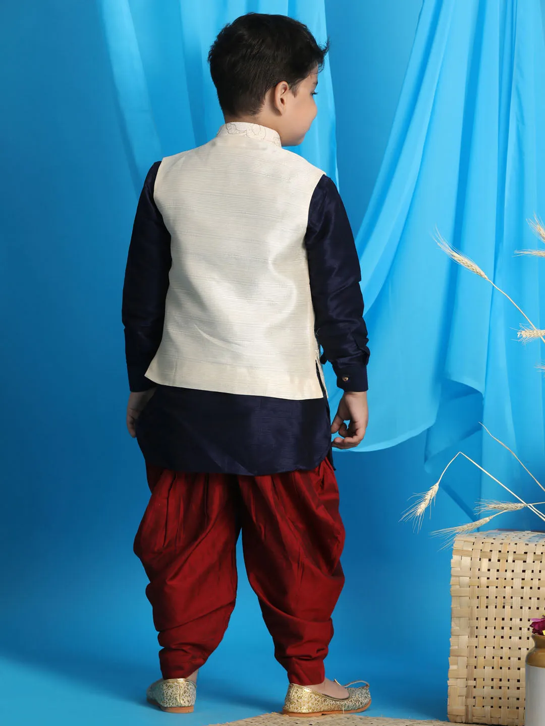 Boy's Blue, Beige And Maroon Jacket, Kurta And Dhoti Set - Vastramay Boys