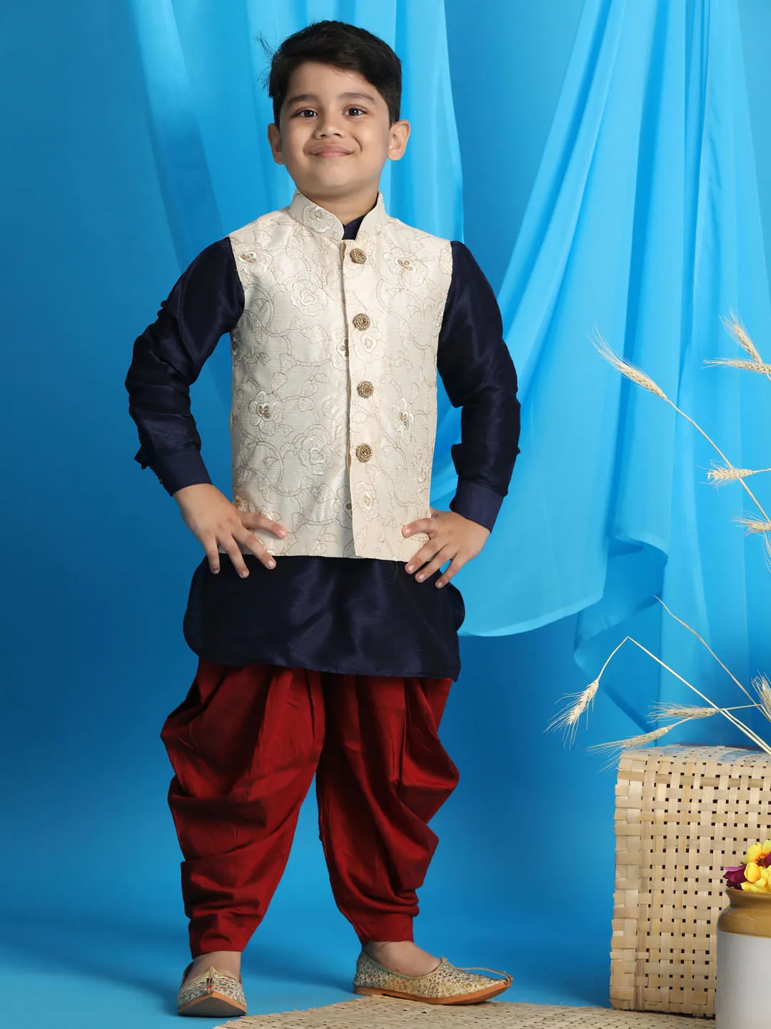 Boy's Blue, Beige And Maroon Jacket, Kurta And Dhoti Set - Vastramay Boys