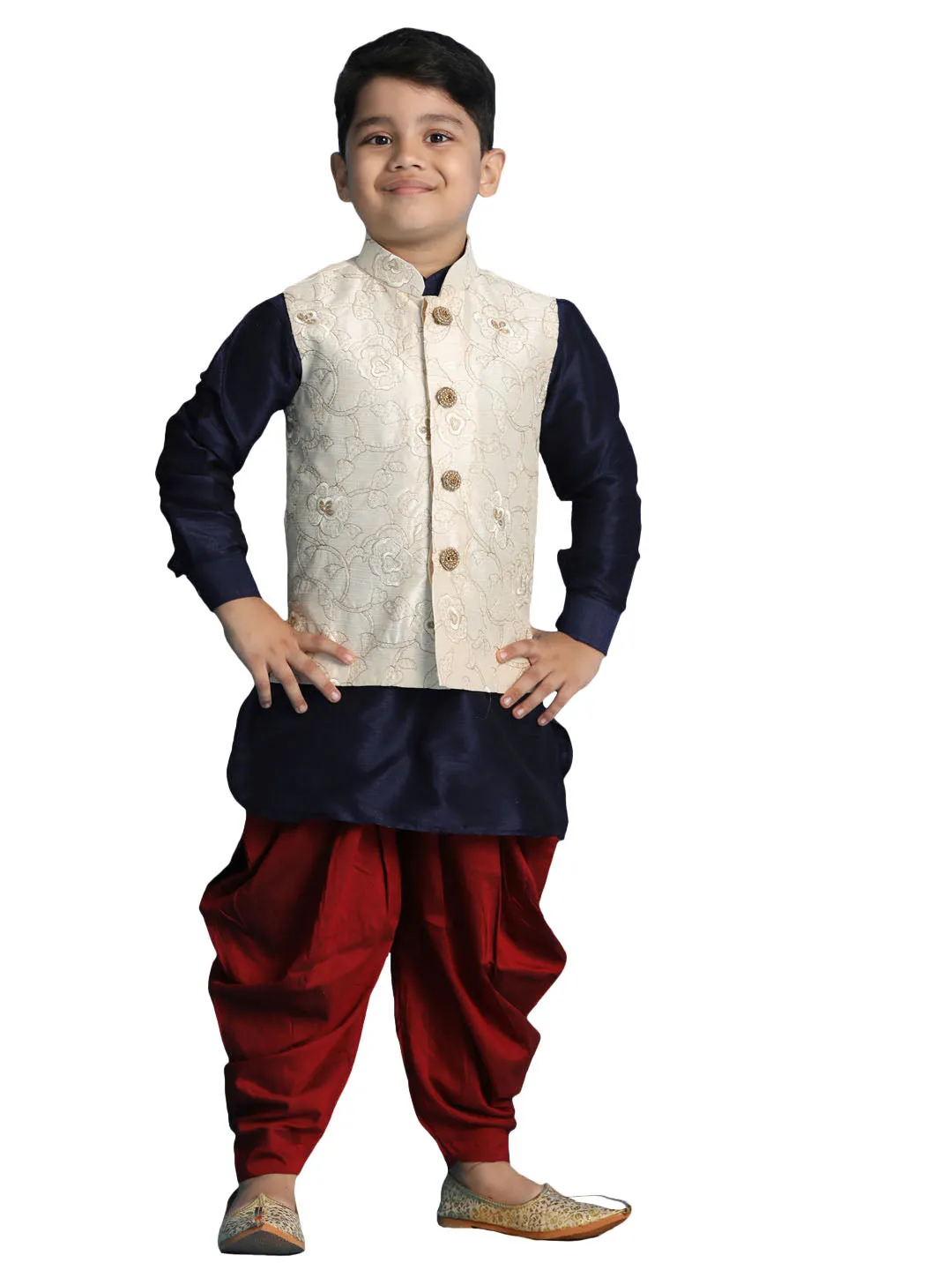 Boy's Blue, Beige And Maroon Jacket, Kurta And Dhoti Set - Vastramay Boys