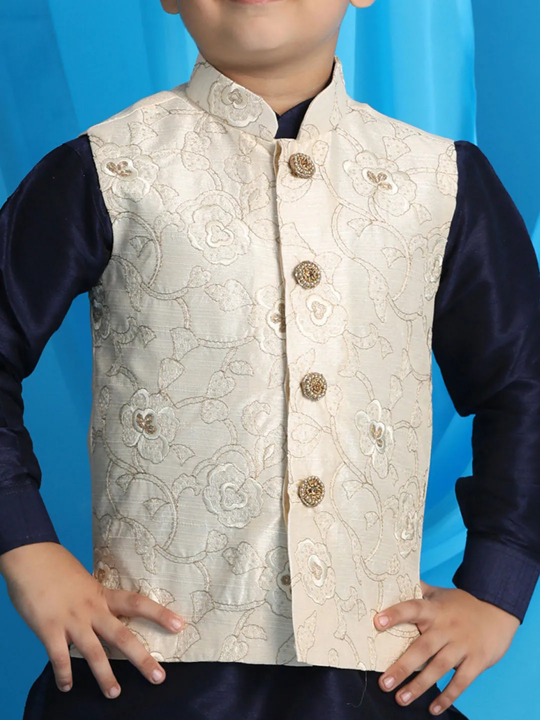 Boy's Blue, Beige And Maroon Jacket, Kurta And Dhoti Set - Vastramay Boys