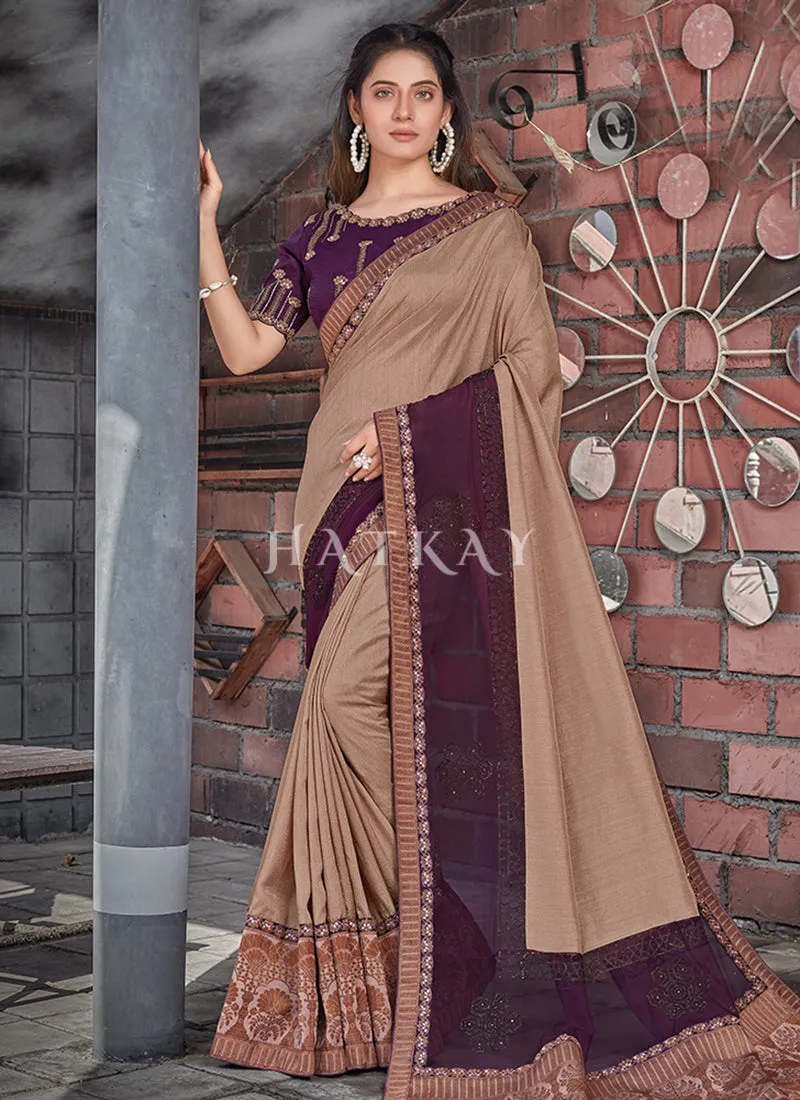 Brown And Purple Traditional Silk Saree