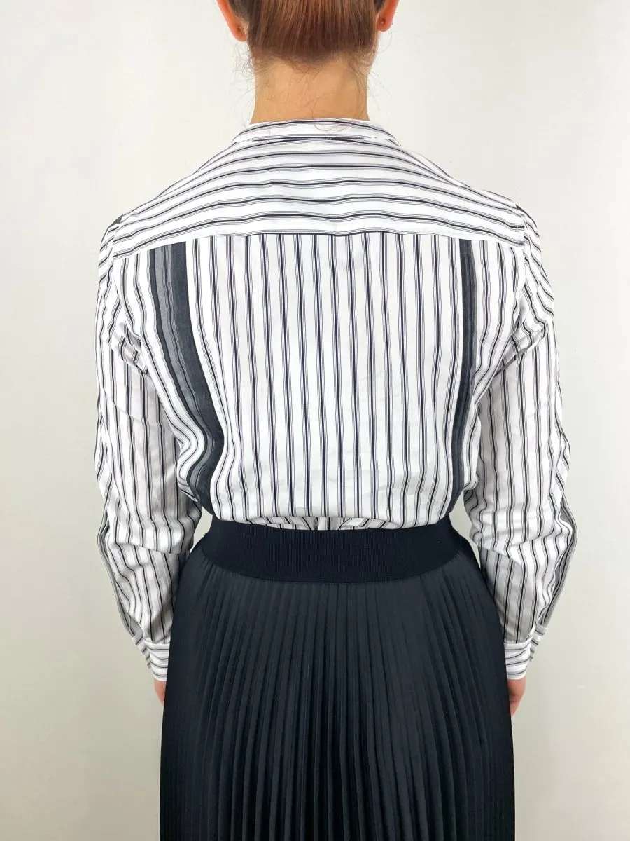 Classic Tailored Band Collar Shirt W/Organza in White Midnight Stripe