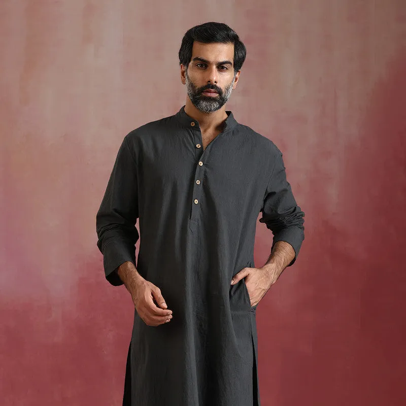 Cotton Long Kurta for Men | Charcoal Grey | Mandarin Collar