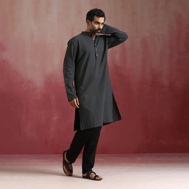 Cotton Long Kurta for Men | Charcoal Grey | Mandarin Collar