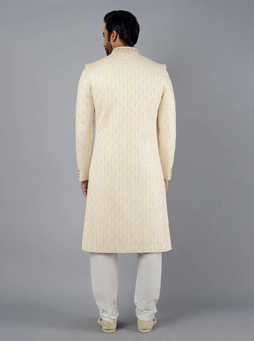 Cream Embroidered Regular Fit Sherwani | TULA