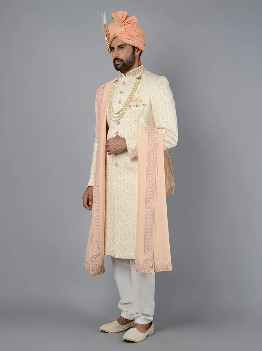 Cream Embroidered Regular Fit Sherwani | TULA