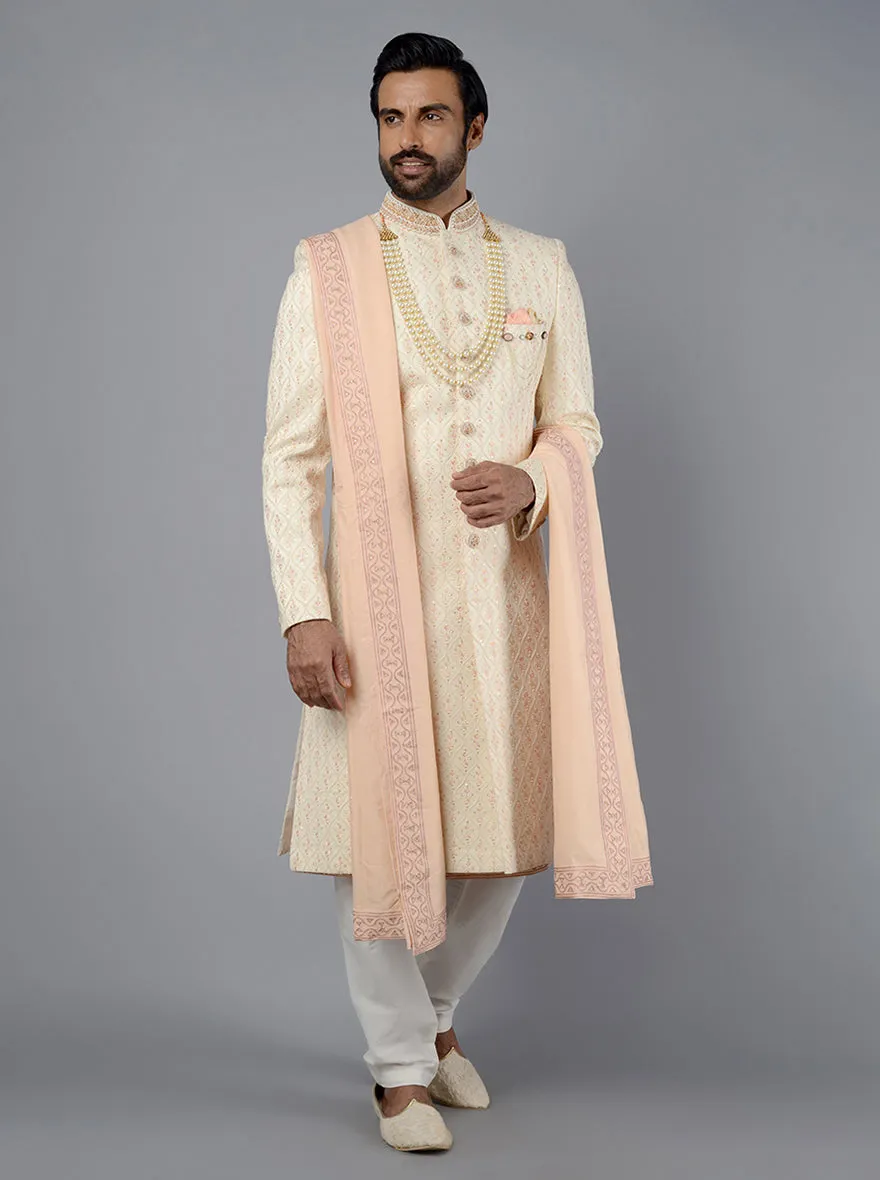 Cream Embroidered Regular Fit Sherwani | TULA