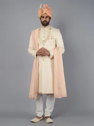 Cream Embroidered Regular Fit Sherwani | TULA