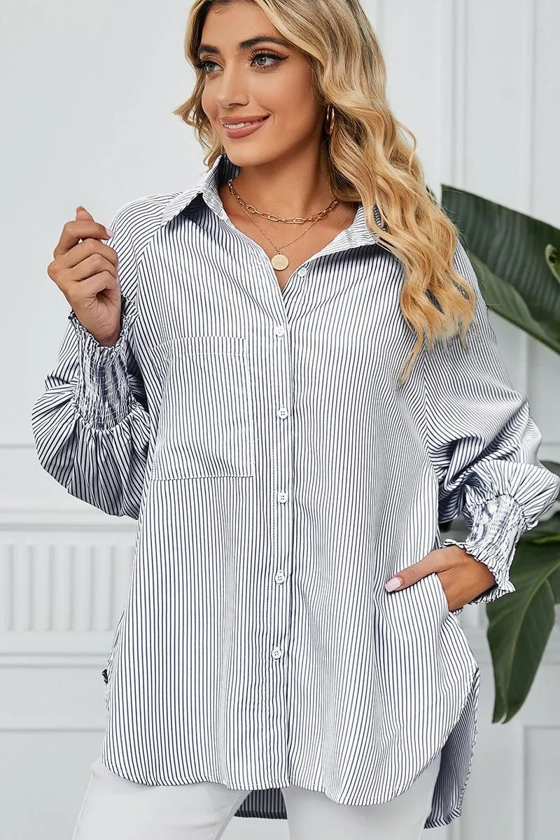 CUFF DRAW PLEATED LOOSE STRIPE COLLAR SHIRTS