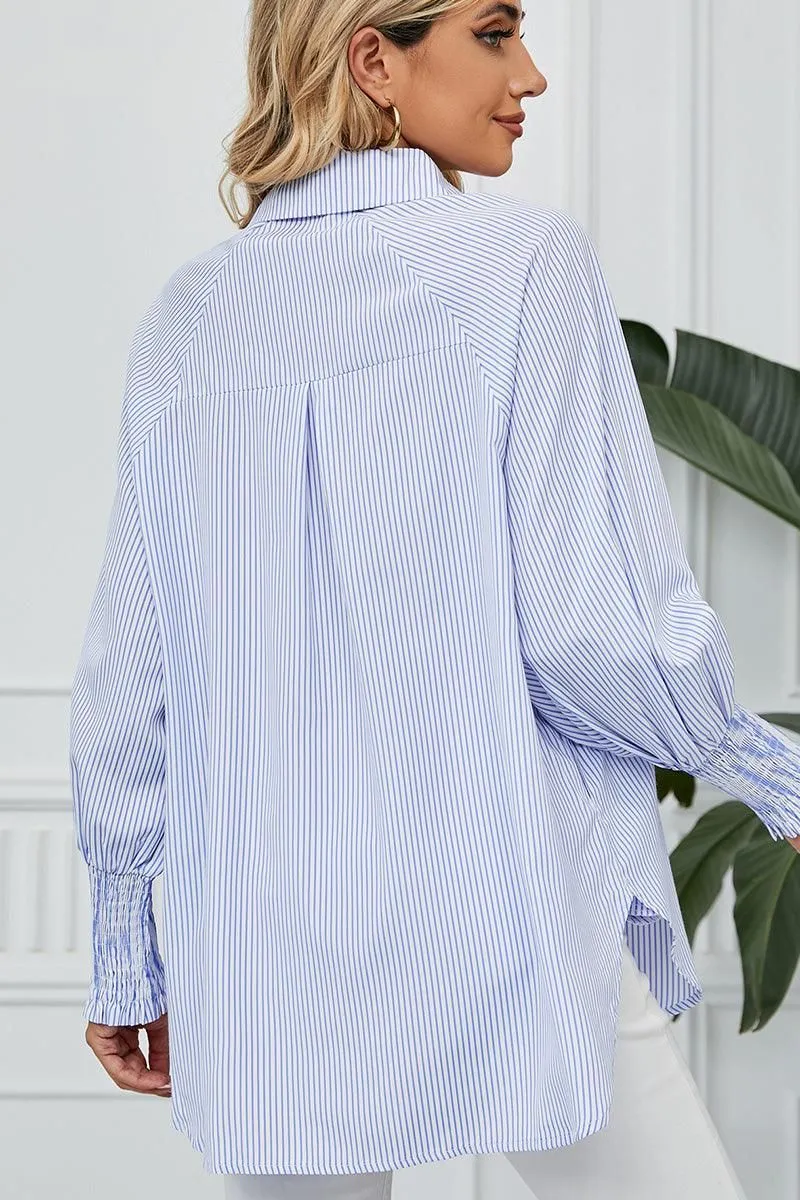 CUFF DRAW PLEATED LOOSE STRIPE COLLAR SHIRTS