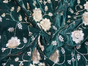 Dark Green Floral Embroidered Zari Work Velvet Fabric