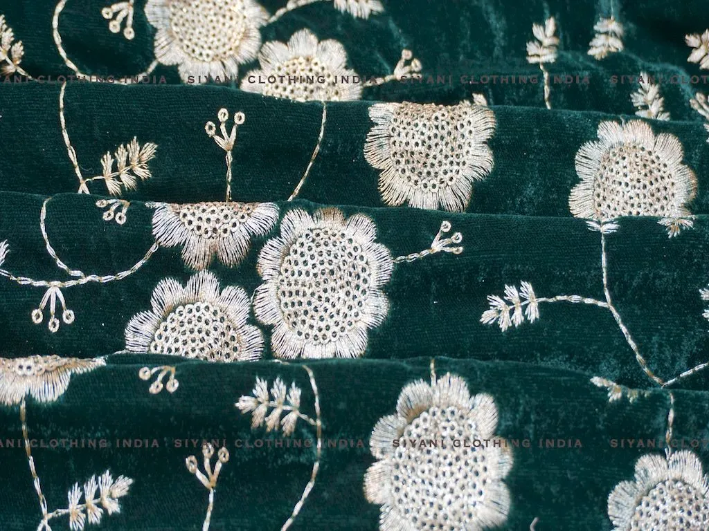 Dark Green Floral Embroidered Zari Work Velvet Fabric