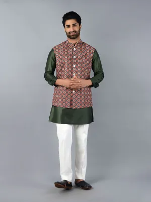 Dark Green Printed & Embroidered Regular Fit Bandhgala Jacket | Azania